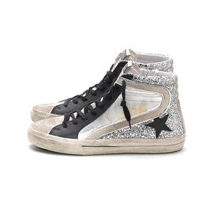 GGDB Silver Glitter Slides with Black Leather